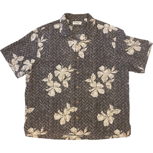 Caribbean Pure Silk Hawaiian Button Down Shirt Mens XL Black White‎ Cream Floral - Picture 1 of 10
